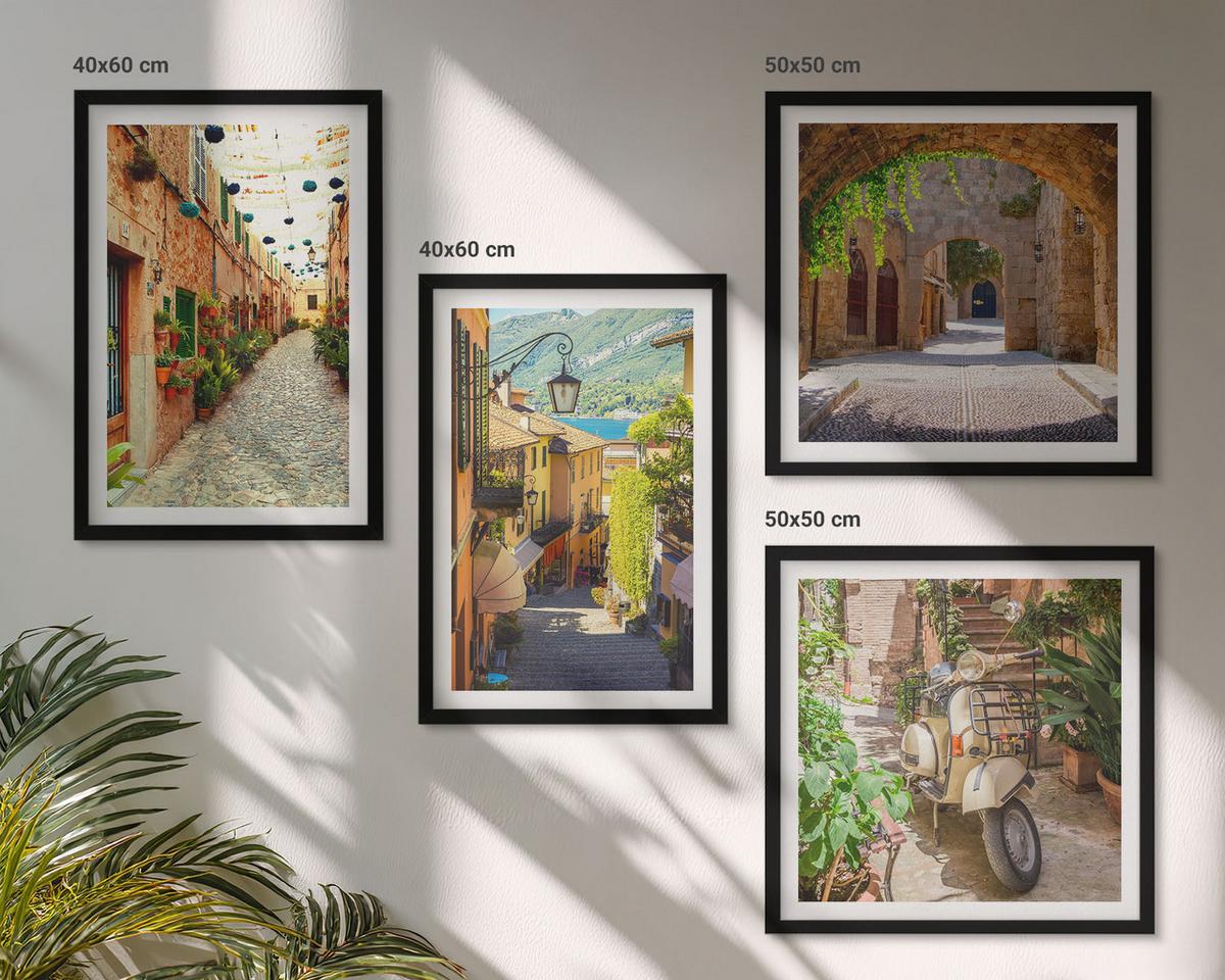 BILDER SET 4er Set - 50x50 cm & 40x60 cm Schwarzer Rahmen - Charmante Straßen und Pizza - Schwarz, Kunststoff (50/50cm) - TULUP