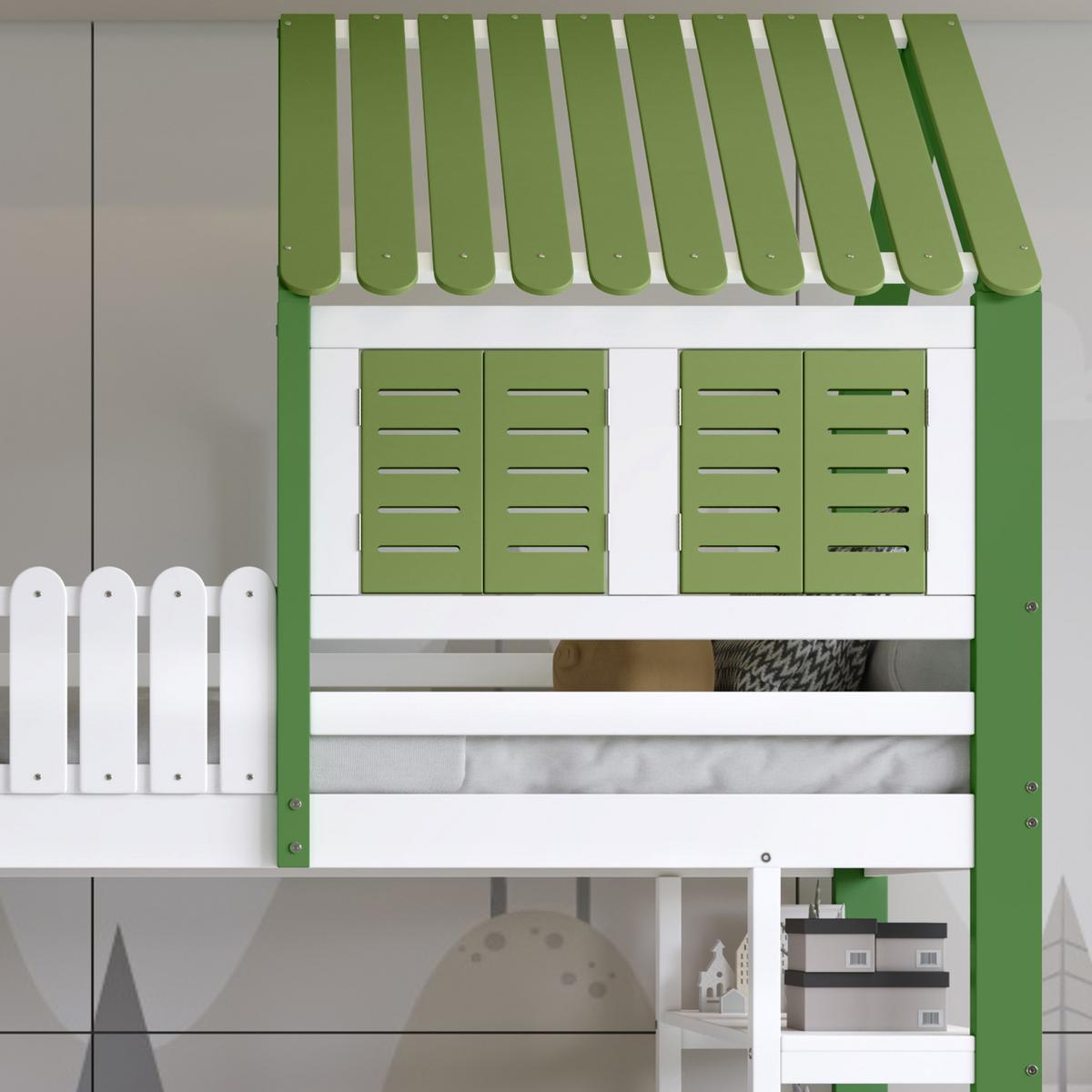 HOCHBETT, KINDERBETT Mit Leiter und Stauraum Grün und Weiß - Weiß/Grün, Holzwerkstoff - Urban Meuble