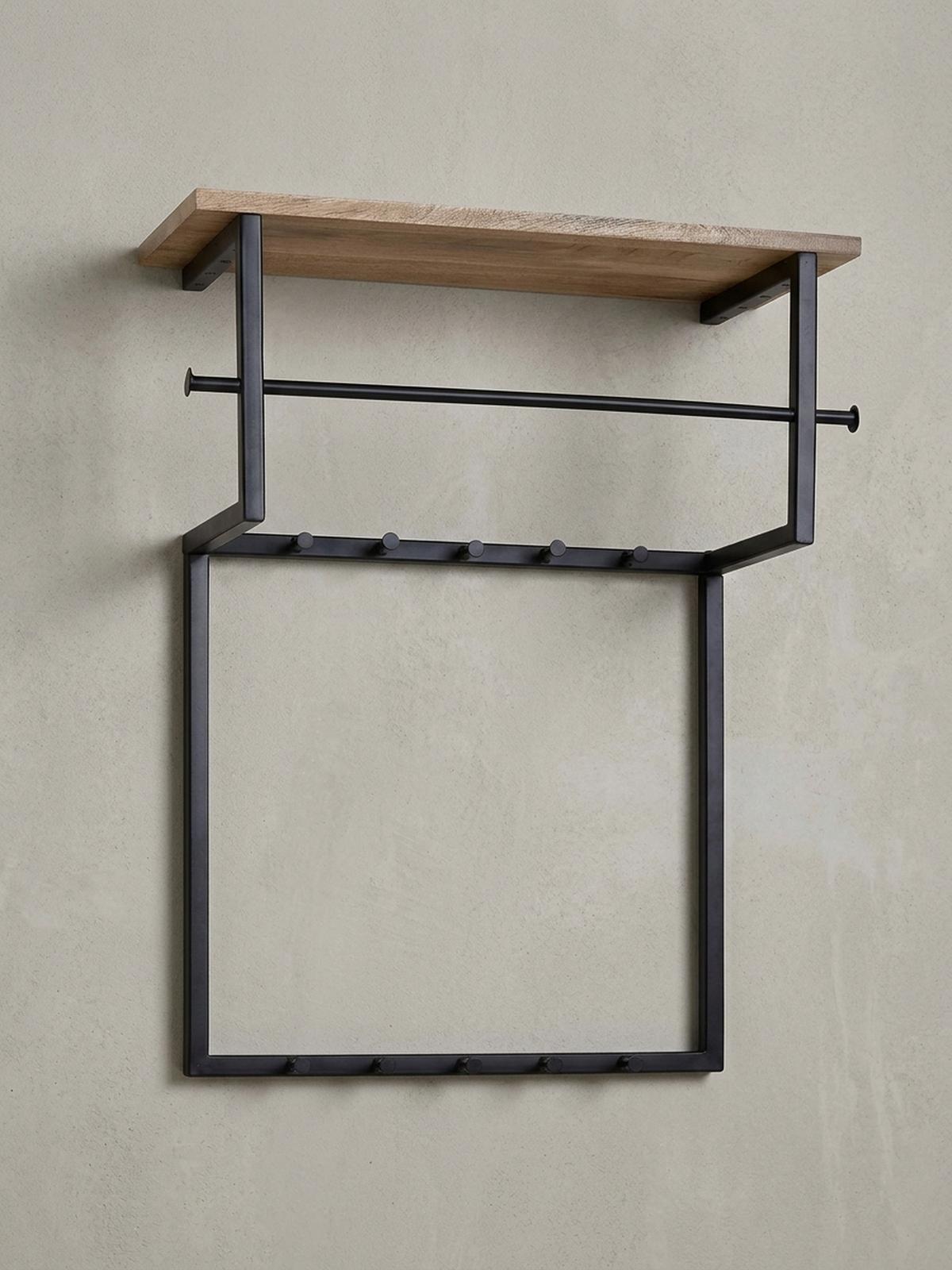 WANDGARDEROBE Massivholz Metall Modern mit 10 Haken, Kleiderstange und Ablage - Schwarz, Holz/Metall (60/76/26cm) - KADIMA DESIGN
