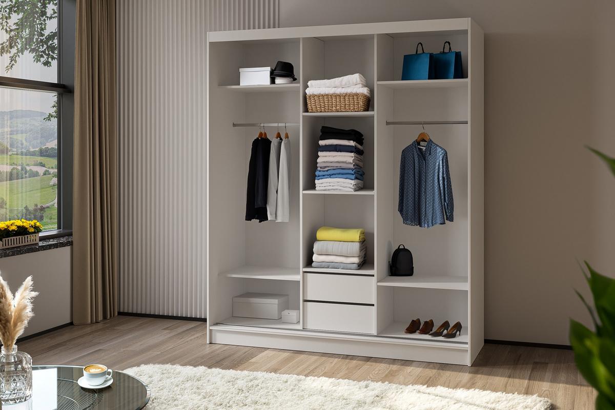 SCHWEBETÜRENSCHRANK Cabinio Weiß Eiche Artisan 180/216/61 cm – mit Spiegel und Lamellen - Walnussfarben/Weiß, Holzwerkstoff/Kunststoff (180/216/61cm) - AX Living