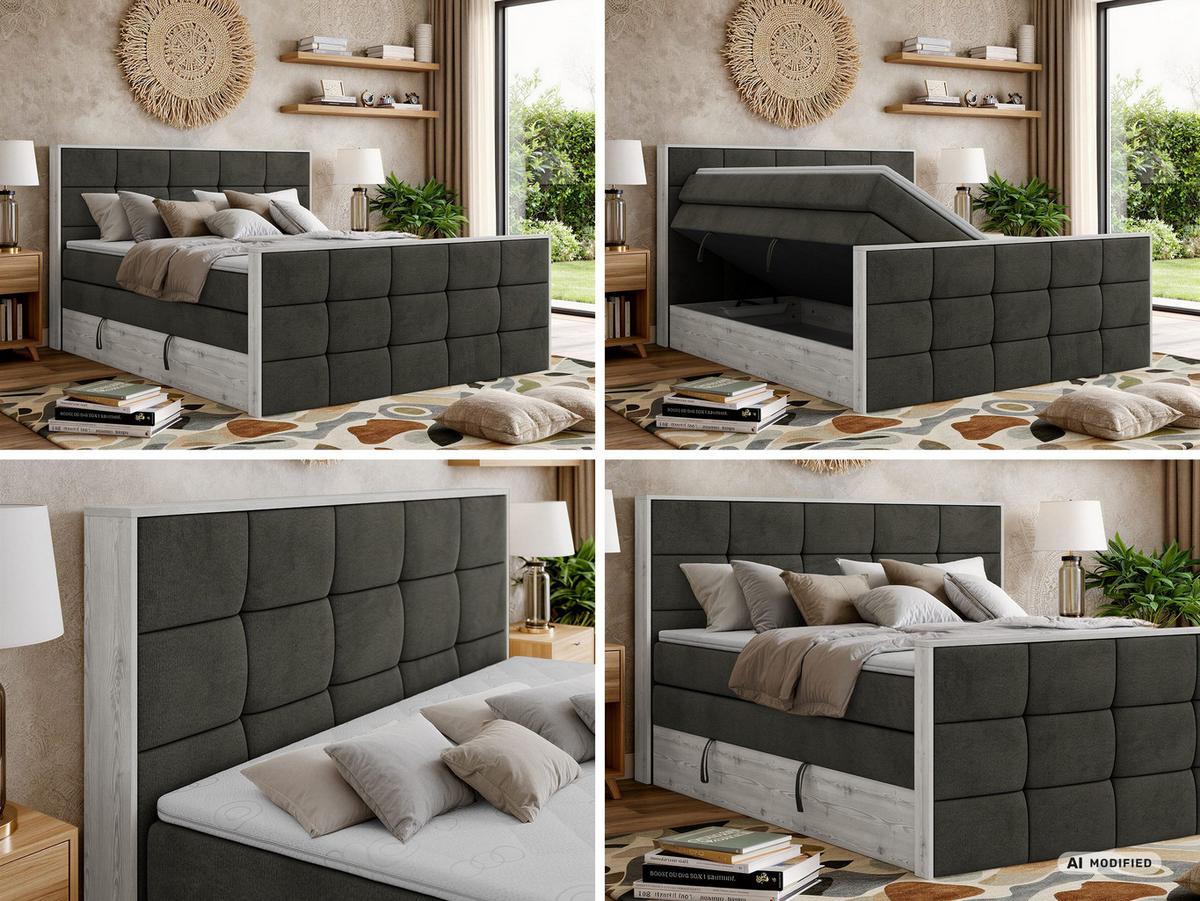 BOXSPRINGBETT ALNOR KING DUO 200/200 - Dunkelgrau Velvet - Topper Visco - H3 - Dunkelgrau/Anthrazit, Kunststoff/Textil (200/200cm) - MKS