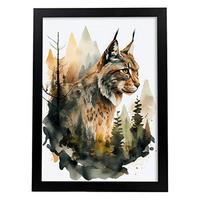 POSTER Luchs 2 Im Aquarell Stil. A3 Schwarzer Rahmen - Schwarz, Papier (29.7/5/42cm) - Nacnic