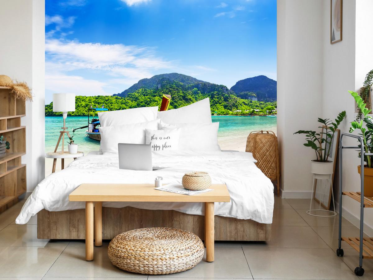 FOTOTAPETE für Schlafzimmer Boot Tropenstrand Palmen Meer 350x256 - Türkis/Blau, Papier (350/256cm) - Muralo
