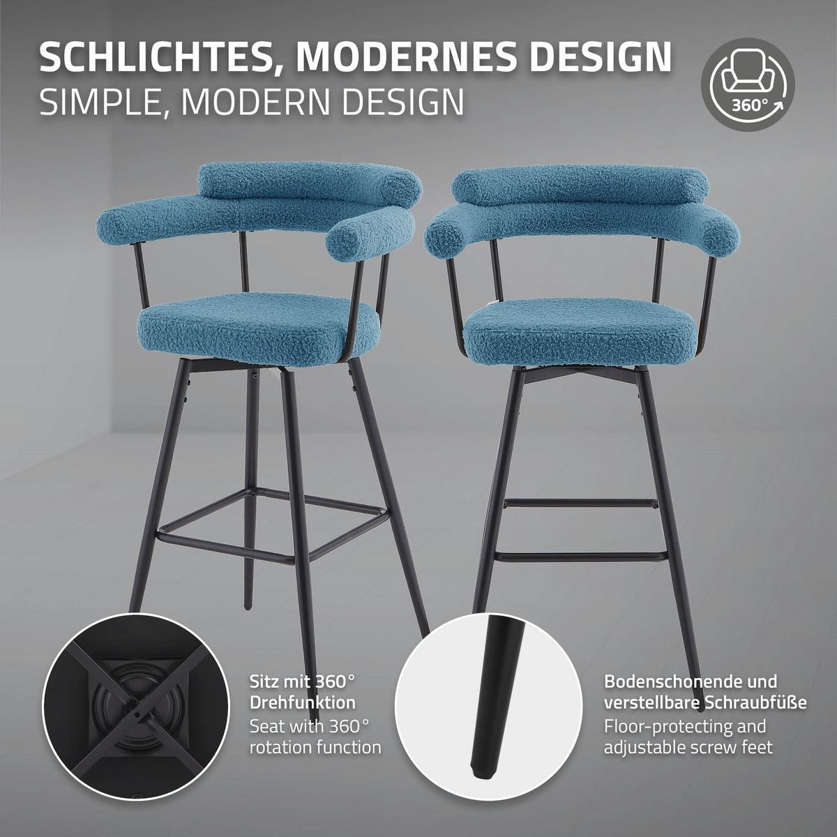 BARHOCKER 2er Set drehbar Blau mit Teddy-Stoff 76 cm hoch - Blau/Schwarz, Textil/Metall (61/103/55cm) - ML-DESIGN