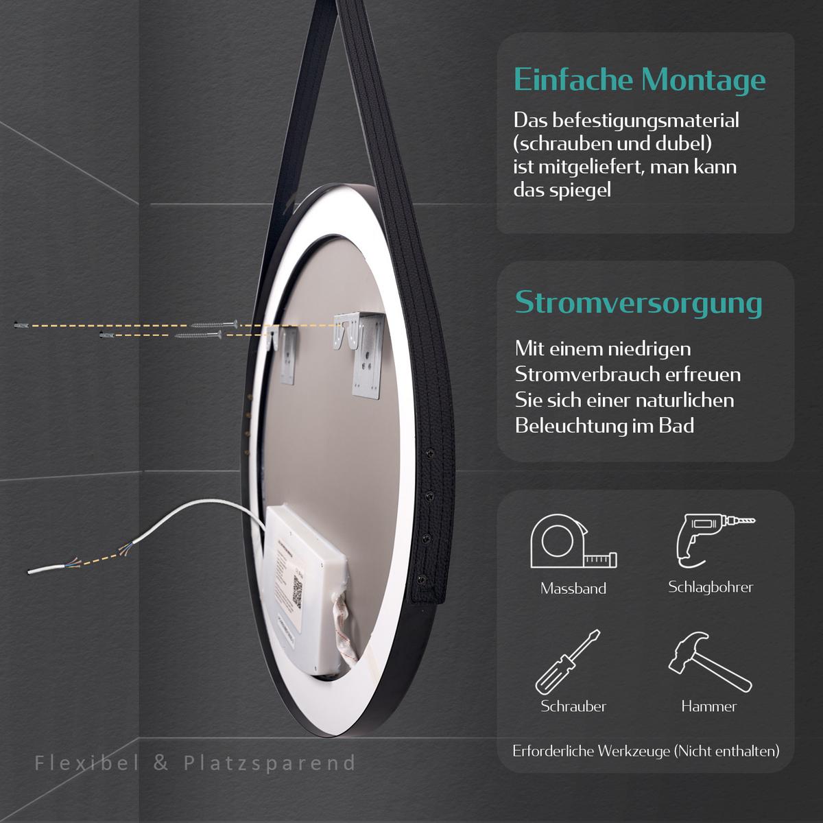 BADSPIEGEL Rund mit Touch-Schalter Beleuchtung mit Hängeriemen Schwarz Ø 80 cm - Schwarz, Glas (80/80/3.5cm) - EMKE
