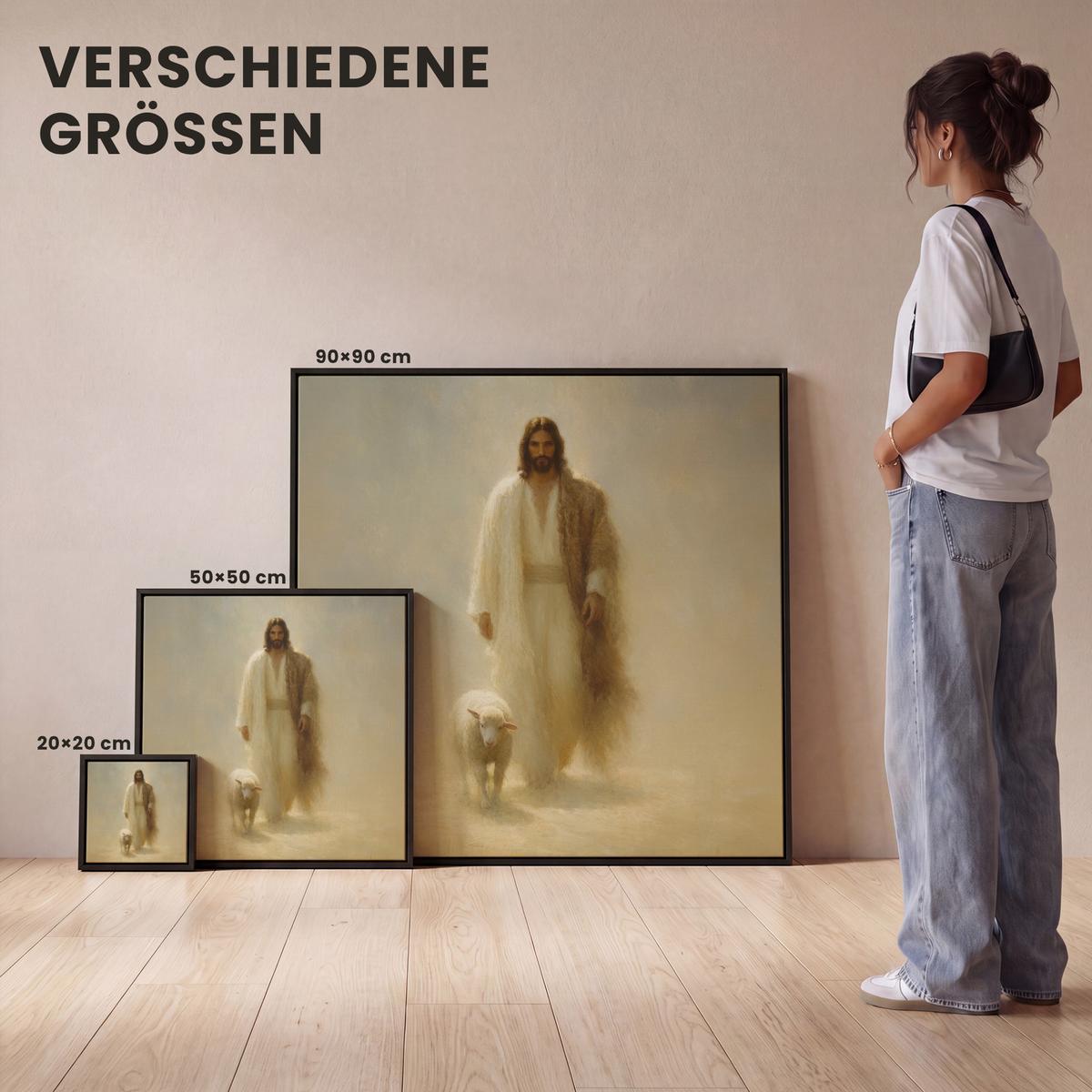 LEINWAND Bilder mit Rahmen - Schaf - Jesus - Pinselstriche - Abstrakt - 50x50 - Beige, Textil (50/50cm) - MuchoWow