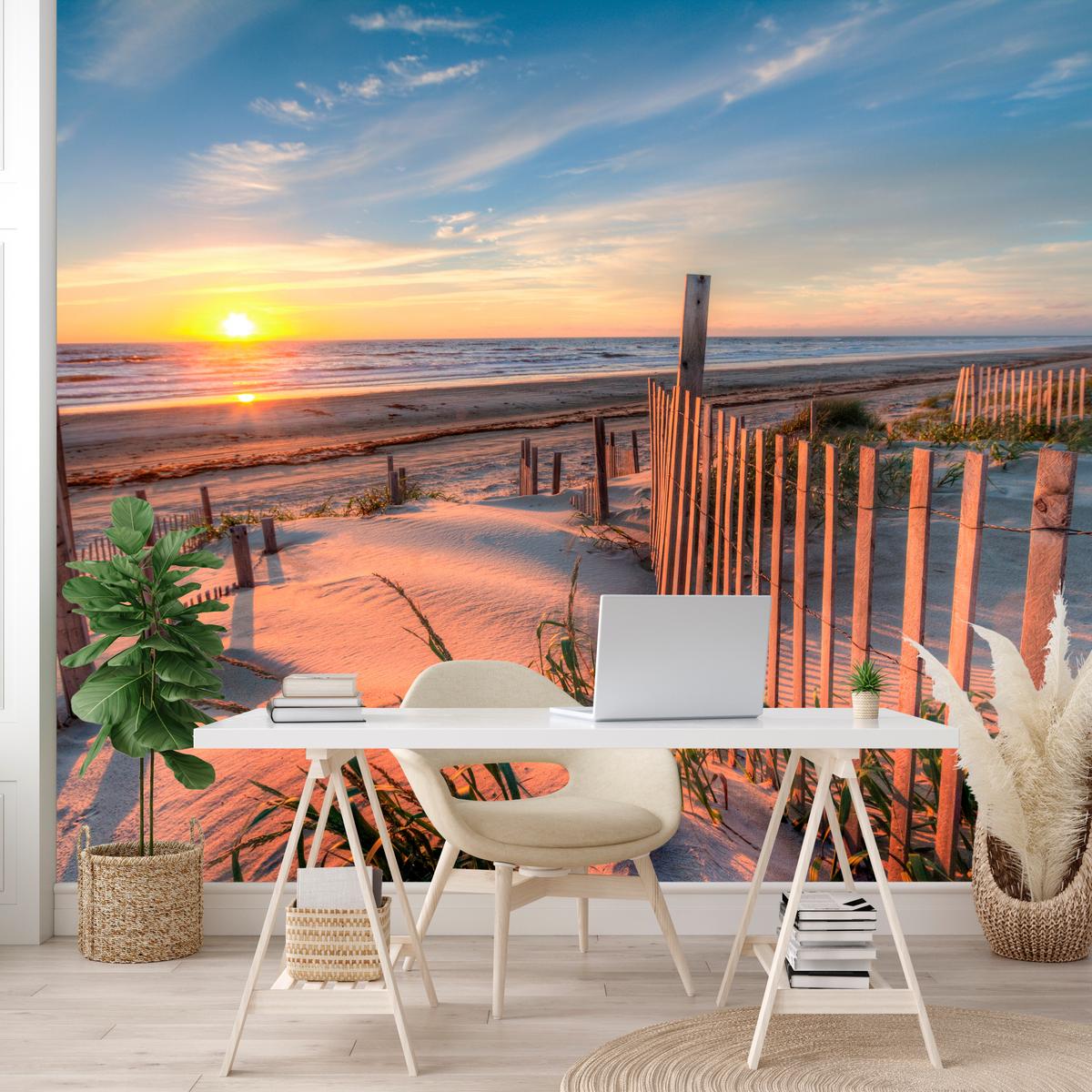 FOTOTAPETE für Wohnzimmer Sonnenaufgang Strand Meer Wellen Dünen 350x256 - Blau/Gelb, Papier (350/256cm) - Muralo
