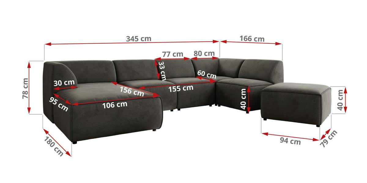 WOHNLANDSCHAFT MODARO U 6M - Dunkelgrau Velvet - Links - Dunkelgrau/Schwarz, Textil (180/78/345cm) - MKS