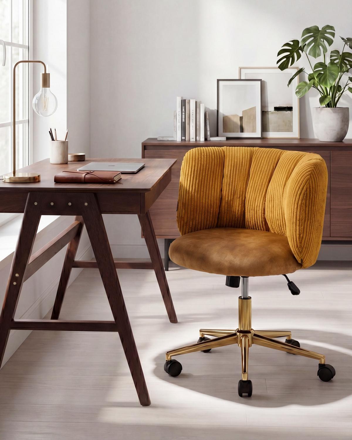SCHREIBTISCHSTUHL Cord Senfgelb Pelora - Gelb, Textil (64/76/60cm) - Beliani