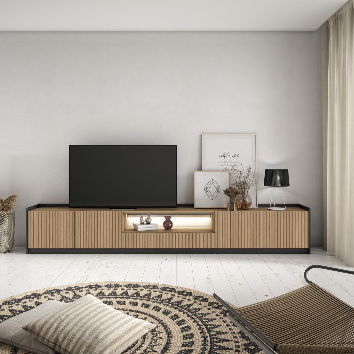 LOWBOARD, Eiche und Schwarz, 310/37/50cm, Led - Eichefarben, Holzwerkstoff (310/50/37cm) - Skraut Home