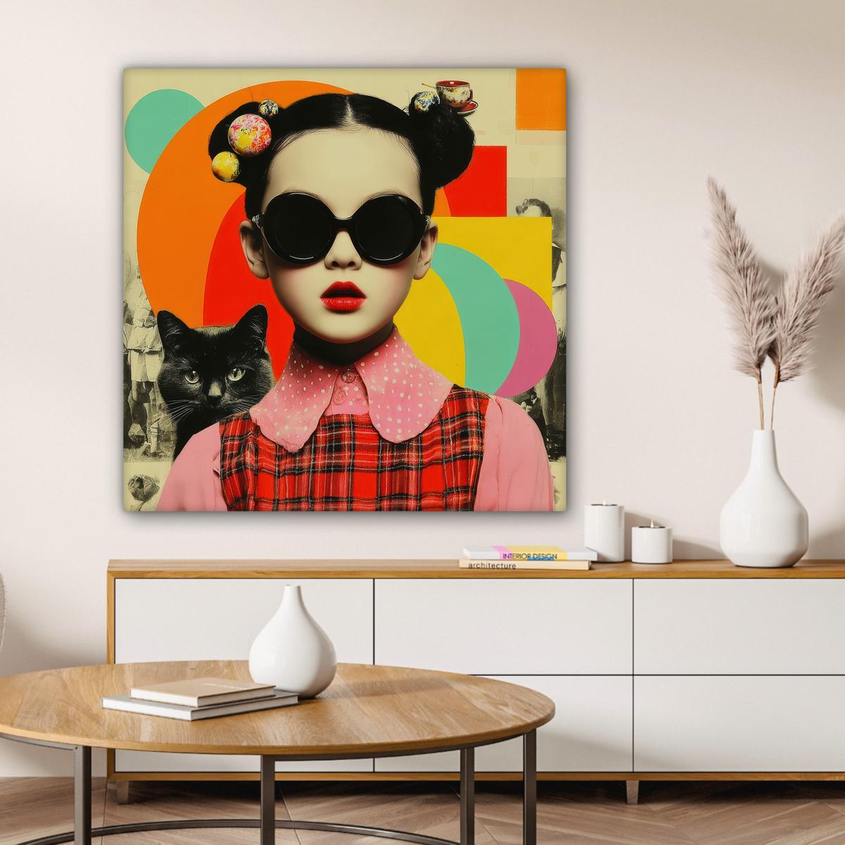 LEINWANDBILD Mädchen - Sonnenbrille - Katze - Retro Deko Groß 90x90 cm - Beige, Textil (90/90cm) - MuchoWow