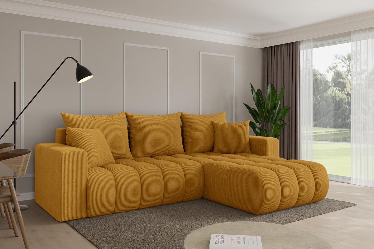 ECKSOFA mit Schlaffunktion Ottomane Rechts MILA-L-v1 277x195x86 Senfgelb Cord - Dunkelgelb/Schwarz, Holzwerkstoff/Kunststoff (277/194cm) - ALTDECOR