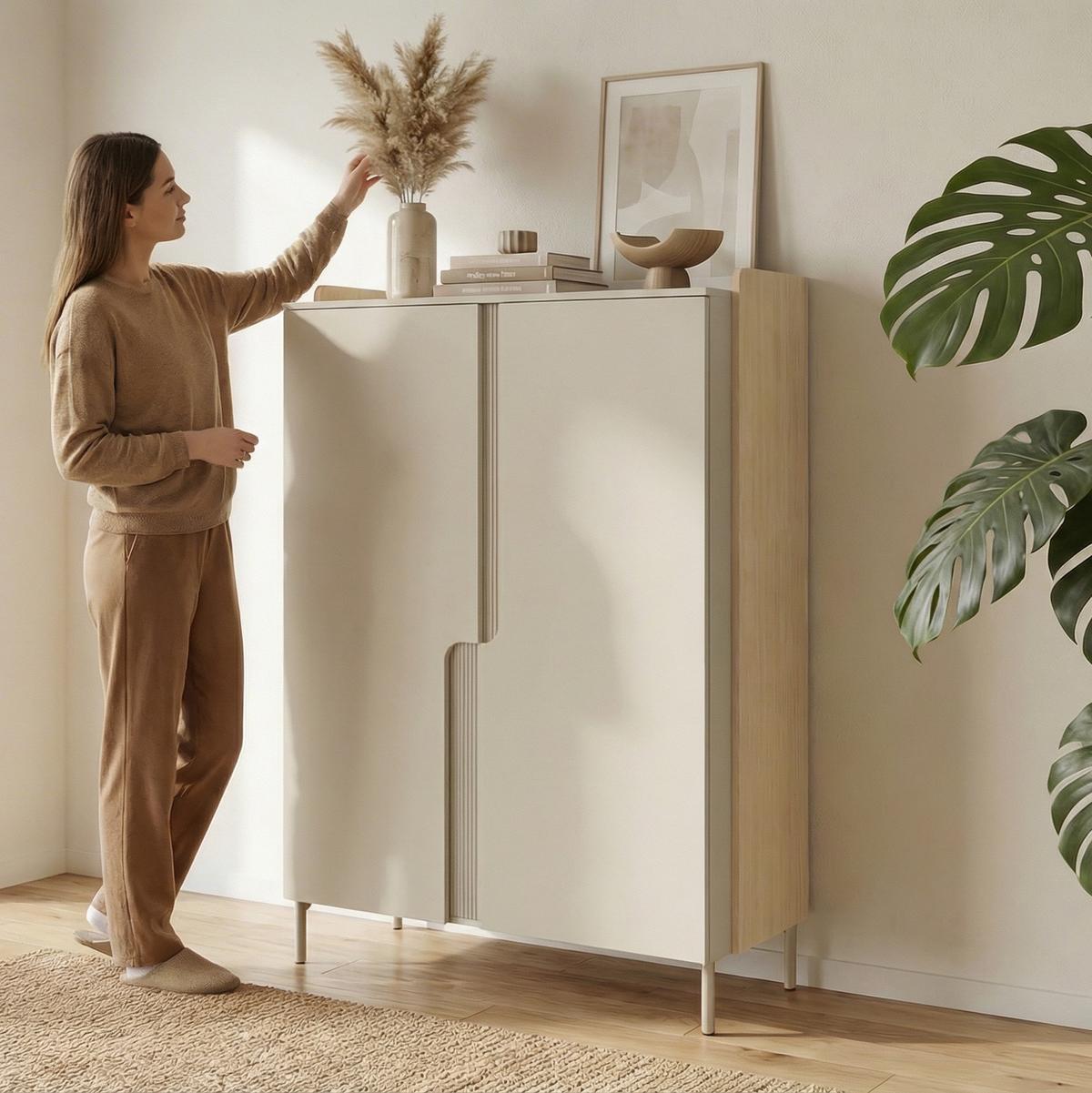 KOMMODE Positivo mit 2 Türen und 6 Einlegeböden, 103 cm, Mavelie-Eiche + Macadamia - Eichefarben, Holzwerkstoff (103/160/42cm) - Beautysofa