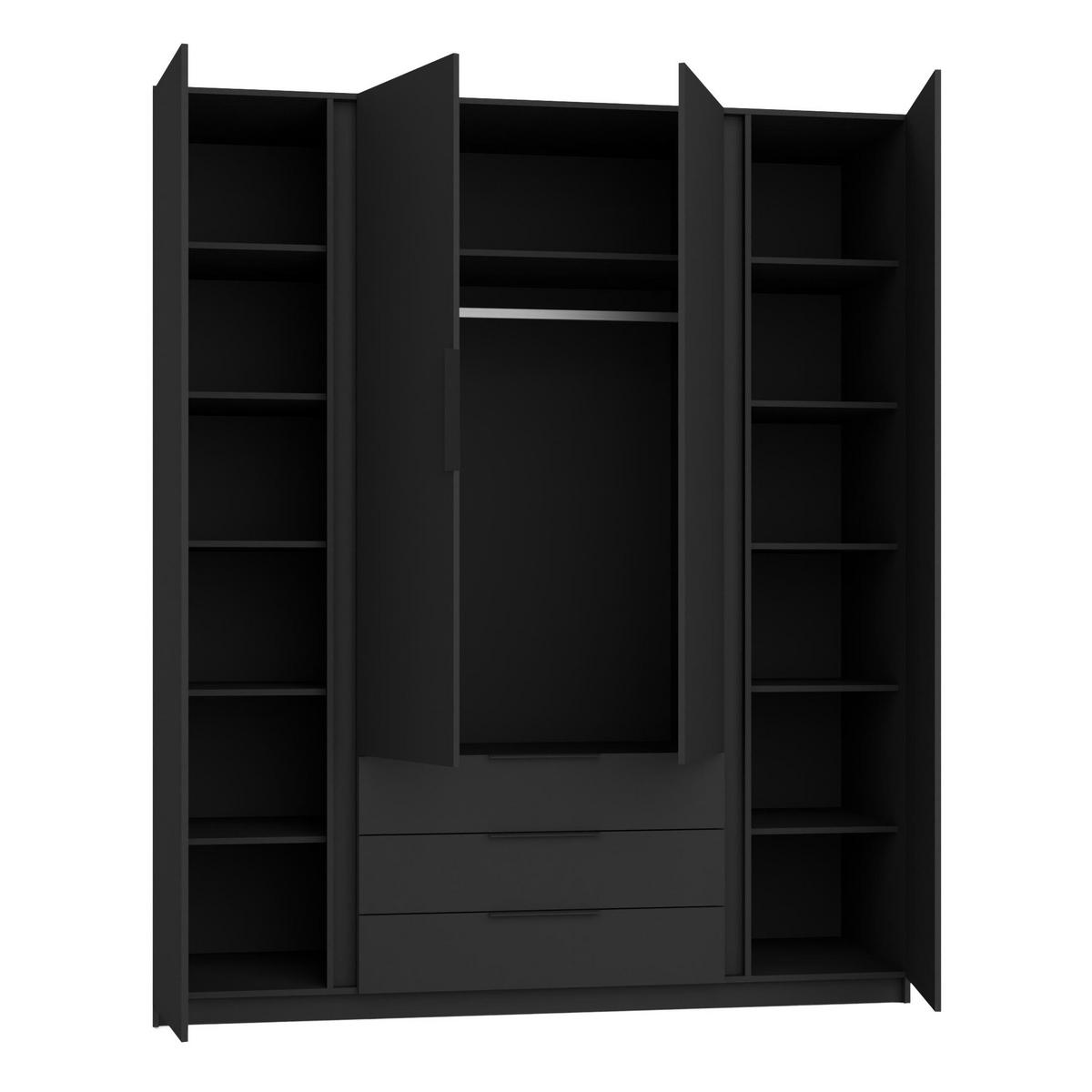 KLEIDERSCHRANK Nehir Schwarz 200 cm - 4T3S Modern mit Schubladen - Schwarz, Holzwerkstoff/Kunststoff (200/239/61.9cm) - AX Living