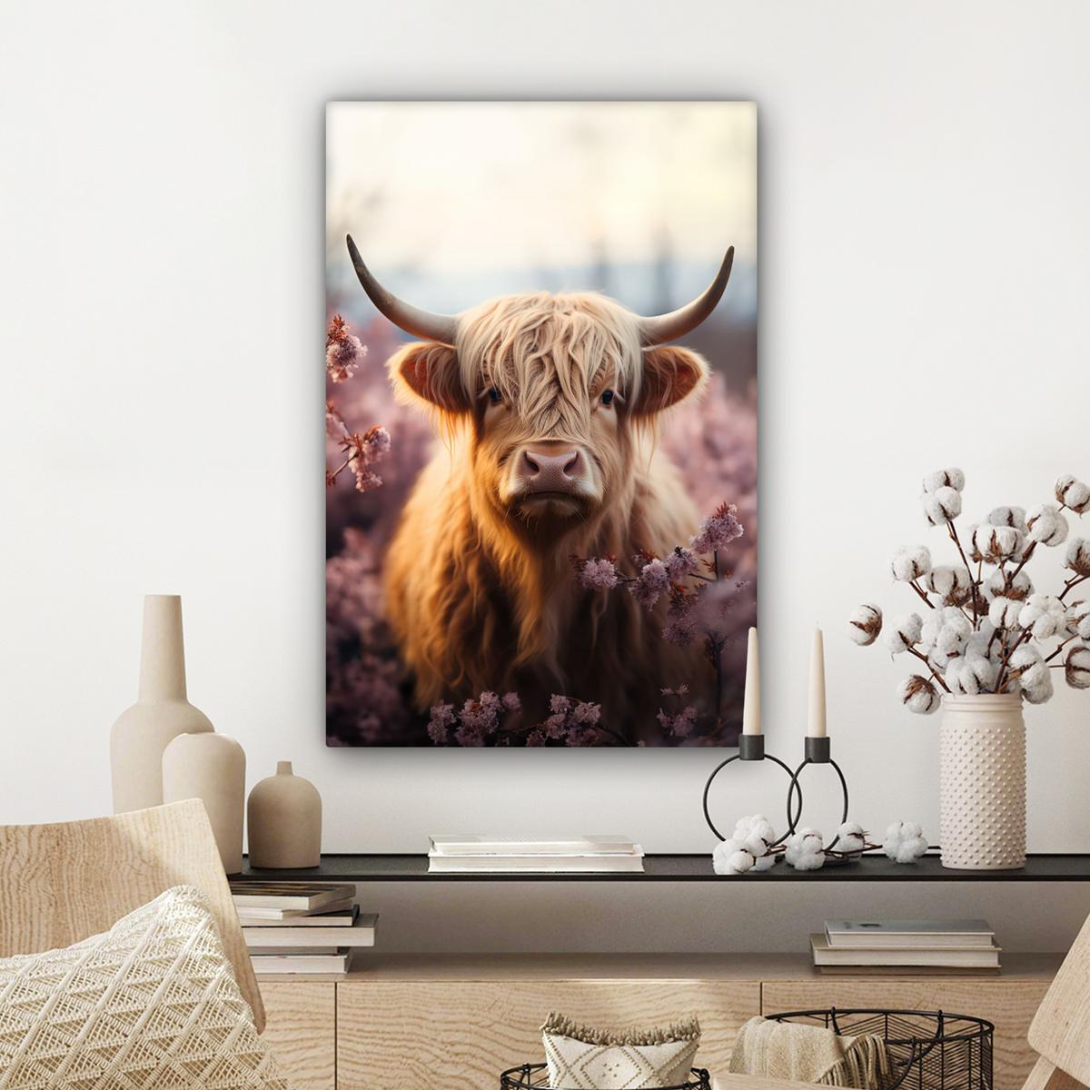 LEINWANDBILD Schottischer Hochländer - Frühling - Hochland Wanddeko 40x60 cm - Hellrosa, Textil (40/60cm) - MuchoWow