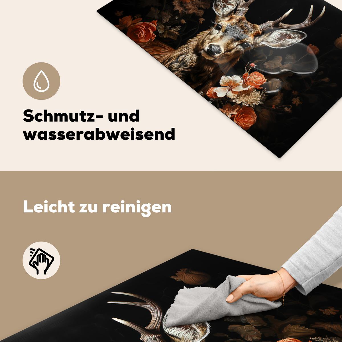 HERDABDECKPLATTE Hirsch - Tier - Blumen - Natur - Botanisch Induktionsschutz 80x52.2 cm - Kupferfarben, Kunststoff (80.2/52.2/0.2cm) - MuchoWow