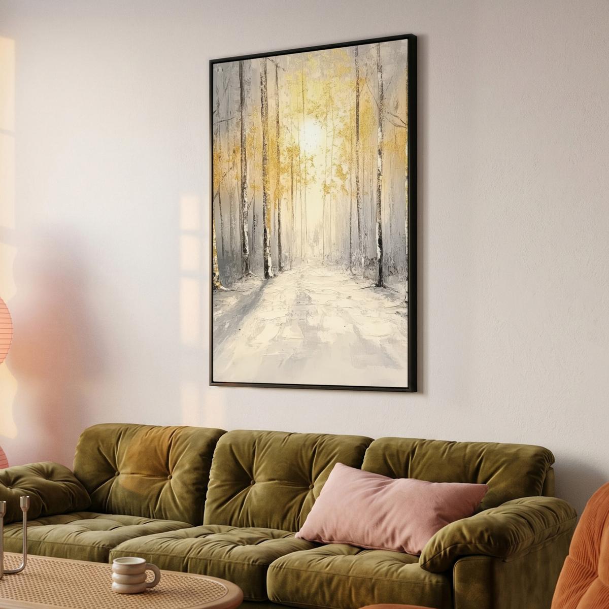 LEINWAND Bilder mit Rahmen - Winter - Abstrakt - Schnee - Natur - Sonne - 90x140 - Grau, Textil (90/140cm) - MuchoWow