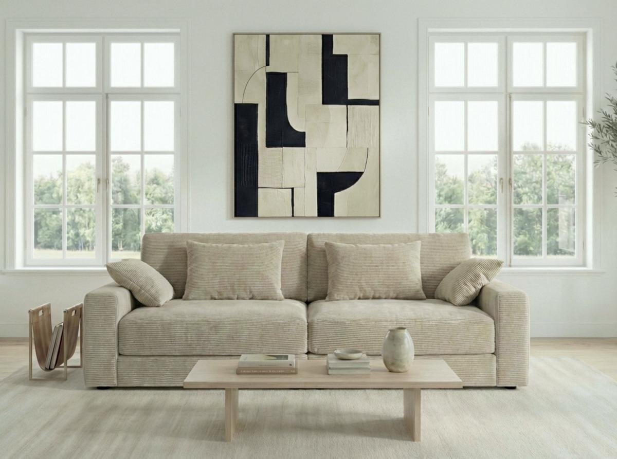 BIG-SOFA mit Federkern B290/T135/H90 cm extratief, Liegefläche 122x240 cm, Cord Beige Grau / 15251 - Greige/Schwarz, Kunststoff/Textil (290/90/135cm) - luma-home