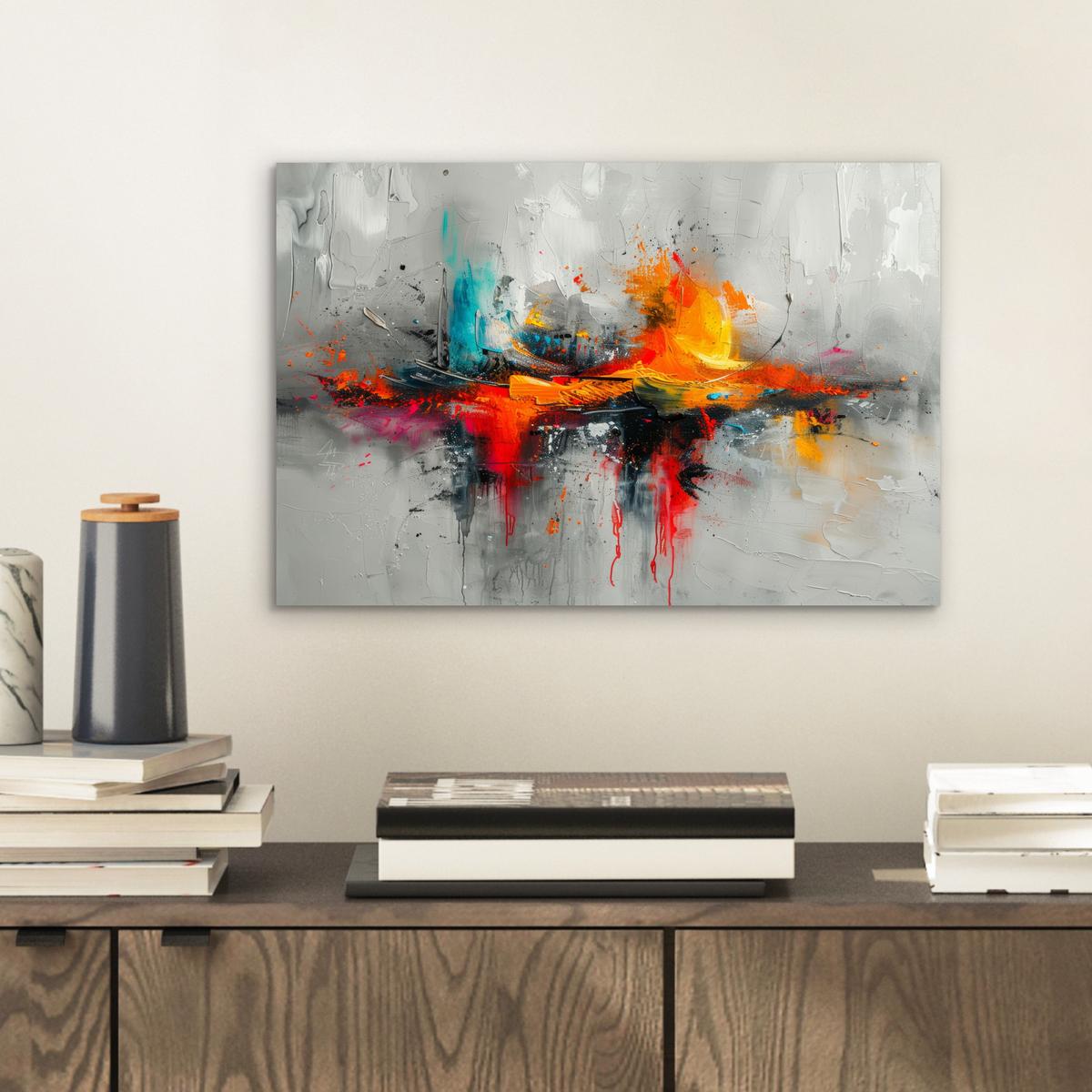 METALLBILD Moderne Kunst - Orange - Grau - Abstrakt 30x20 cm - Hellgrau, Metall (30/20cm) - MuchoWow
