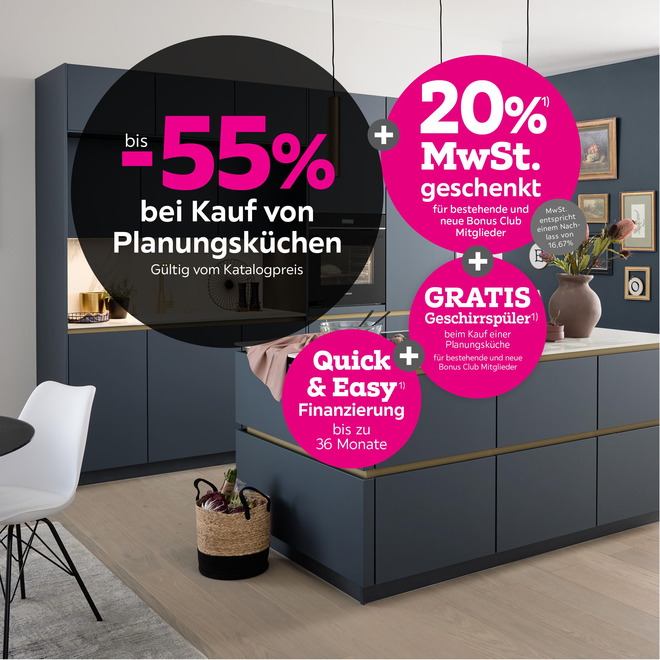 -55% bei Kauf von Planungsküchen + 20% MwSt. geschenkt