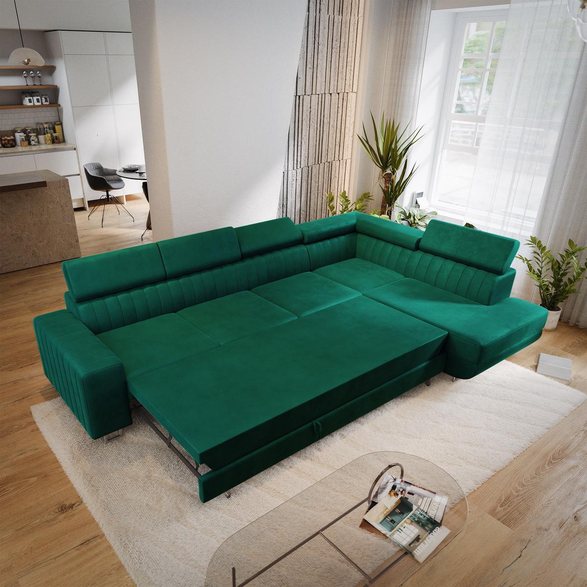 ECKSOFA HESTION Grün Velours-Stoff mit Schlaffunktion - Grün, Holz (332/190cm) - MASSENO