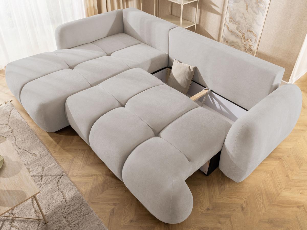 ECKSOFA Loretto aus natürlichem Beige Webstoff mit Schlaffunktion, Bettkasten und tiefen Steppungen in Bubble-Optik - Beige/Schwarz, Holz/Kunststoff (180/275cm) - S-Style