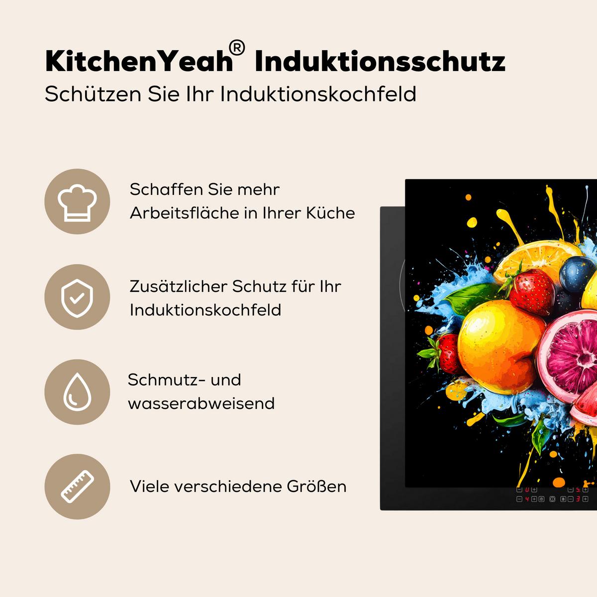 HERDABDECKPLATTE Obst - Graffiti - Bunt - Orange - Erdbeere - Abstrakt Herdabdeckung Induktionsfeld 75x52 cm - Orange, Kunststoff (75/52/0.2cm) - MuchoWow