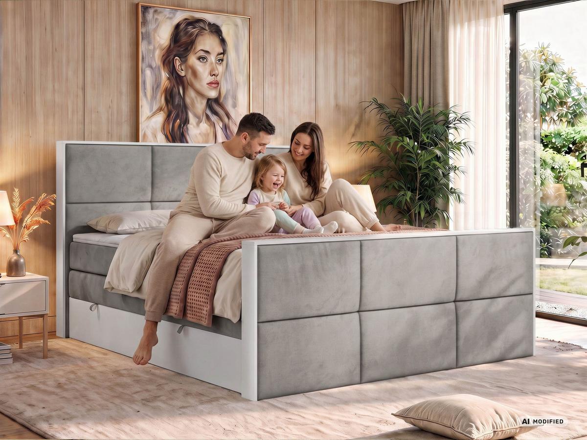 BOXSPRINGBETT DELVIT KING DUO 140/200 - Hellgrau Velvet - Topper Visco - H3 - Hellgrau/Schwarz, Kunststoff/Textil (140/200cm) - MKS