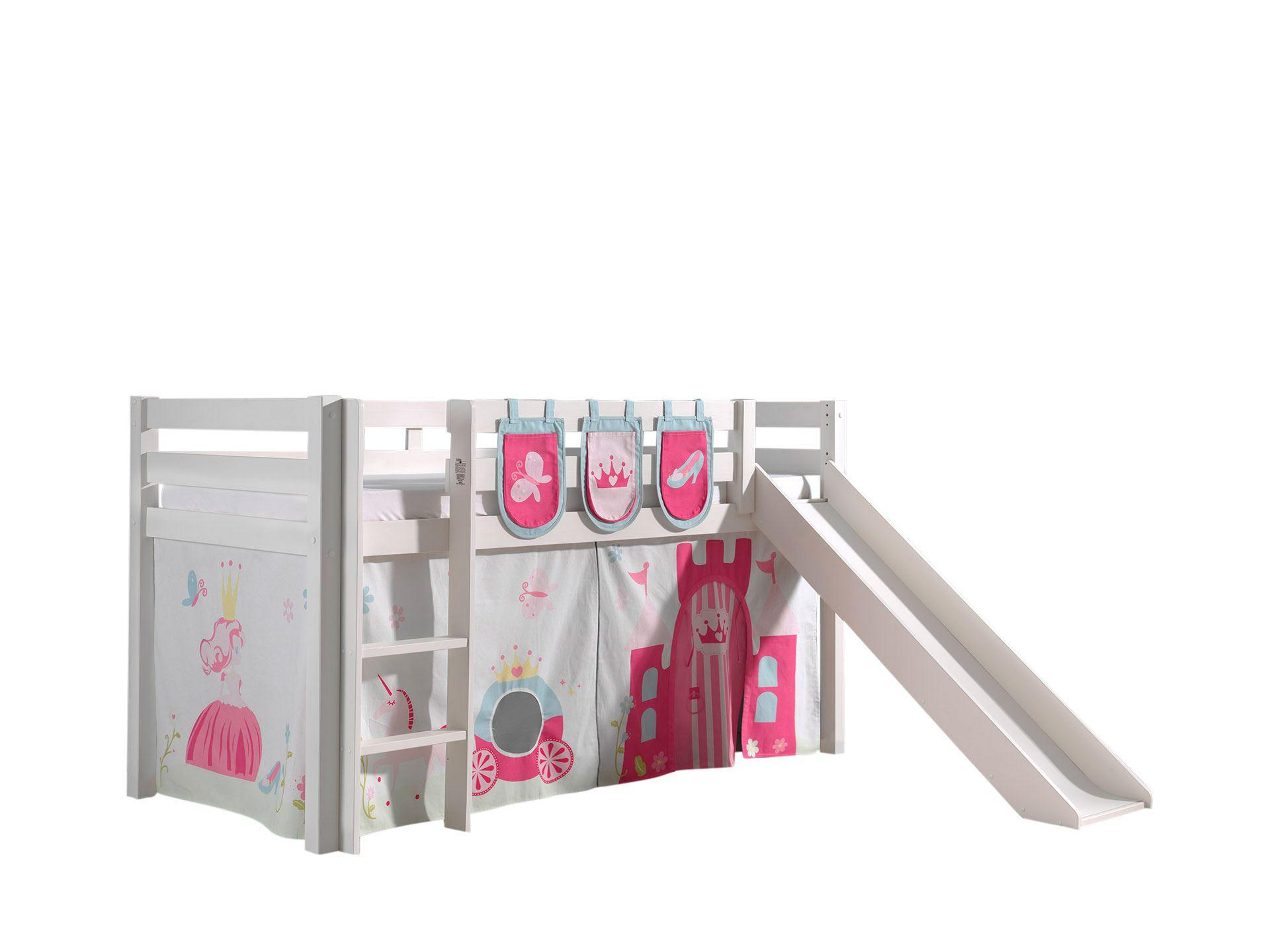 HOCHBETT mit Rutsche Karolina Massivholz Weiß Textilset Princess 3 - Magenta/Weiß, Holz (90/200cm) - 58aufmkessel