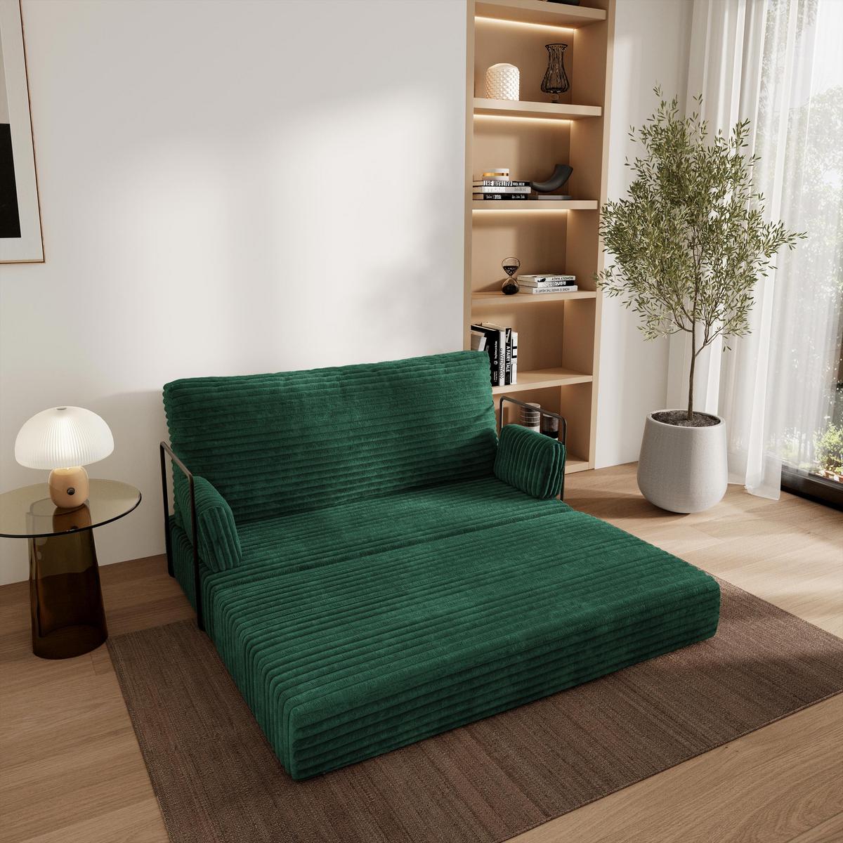BETTSOFA LADIA aus Schaumstoff Kordstoff Grün Schlaffunktion - Grün, Textil (140/86/60cm) - MASSENO