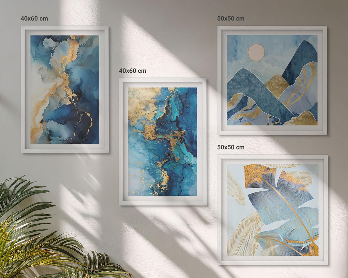 BILDER SET 4er Set - 50x50 cm & 40x60 cm Weißer Rahmen - Goldmuster in den blauen Bergen - Weiß, Kunststoff (50/50cm) - TULUP