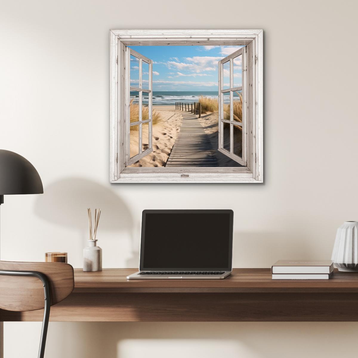 METALLBILD Fenster - Meer - Küste - Natur - Ausblick - Strand - Wattenmeer 50x50 cm - Beige, Metall (50/50cm) - MuchoWow
