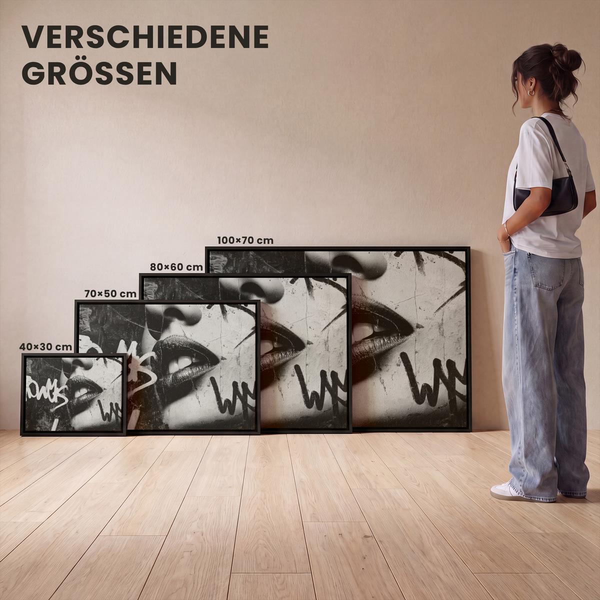 LEINWAND Bilder mit Rahmen - Gesicht - Mund - Graffiti - Schwarz - 80x60 - Schwarz, Textil (80/60cm) - MuchoWow