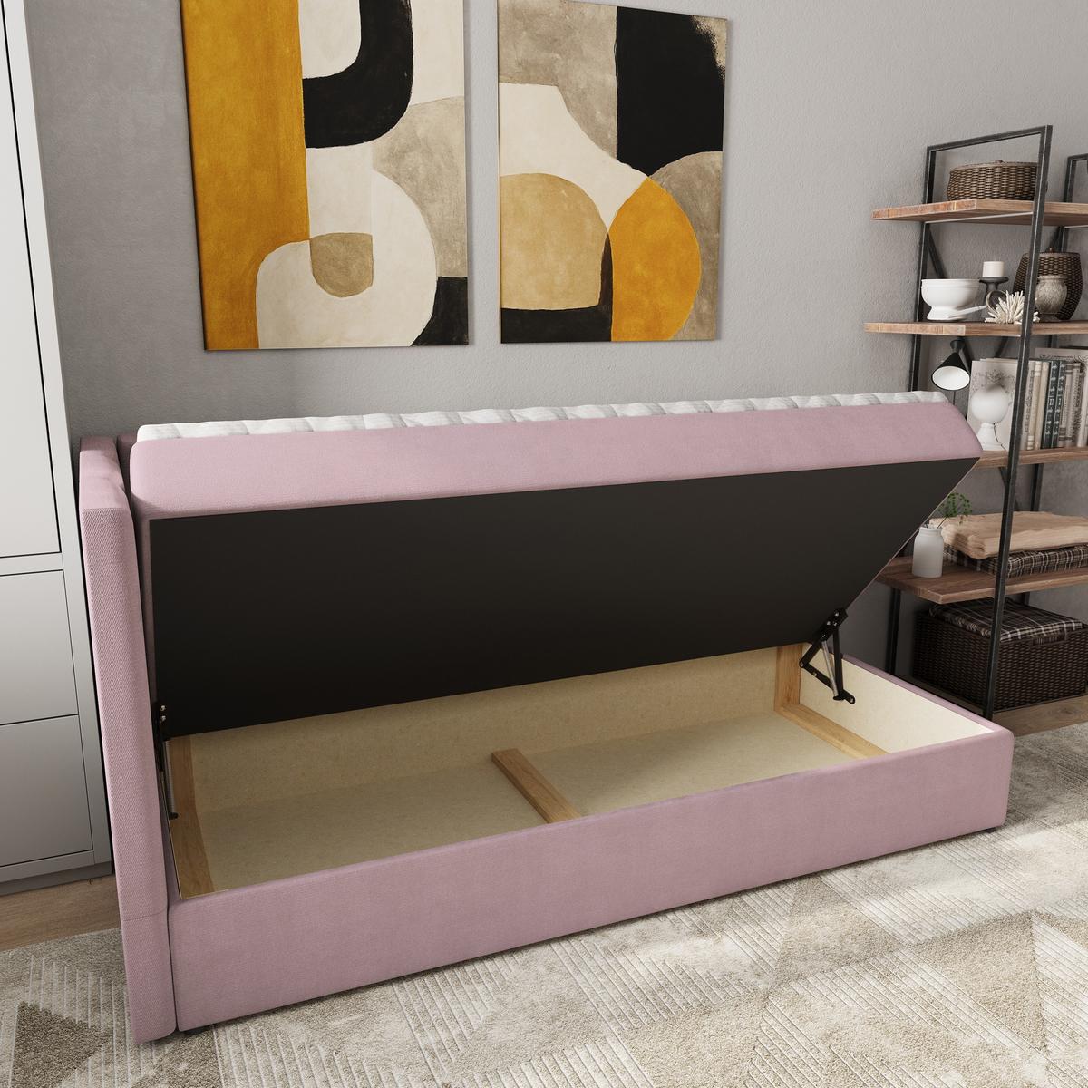 BOXBETT BEVE 90x200 cm mit Matratze und Topper, H2+H3 - Rosa - Rosa, Holz (90/200cm) - MASSENO
