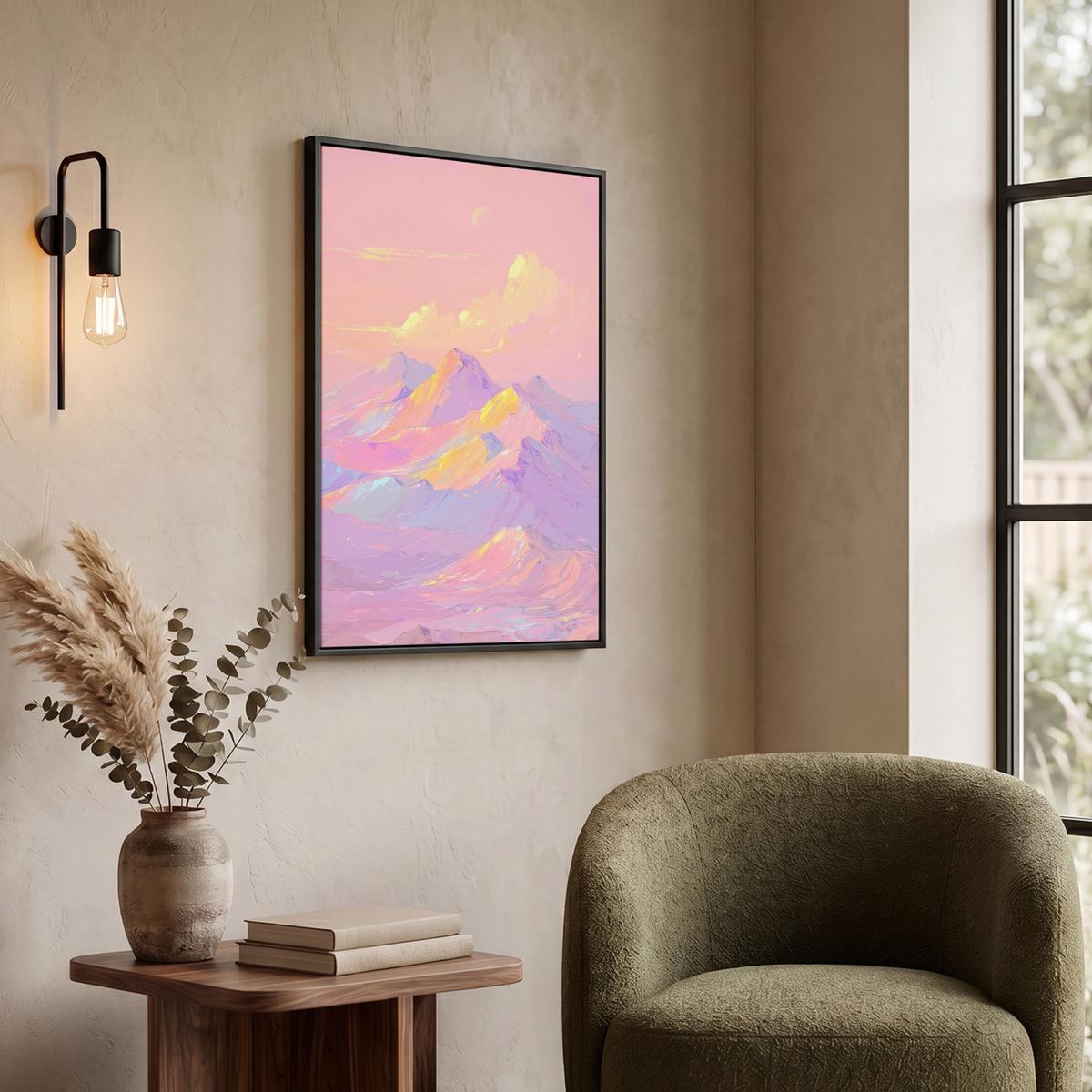 LEINWAND Bilder mit Rahmen - Berggipfel - Wolken - Verträumt - 50x70 - Hellrosa, Textil (50/70cm) - MuchoWow
