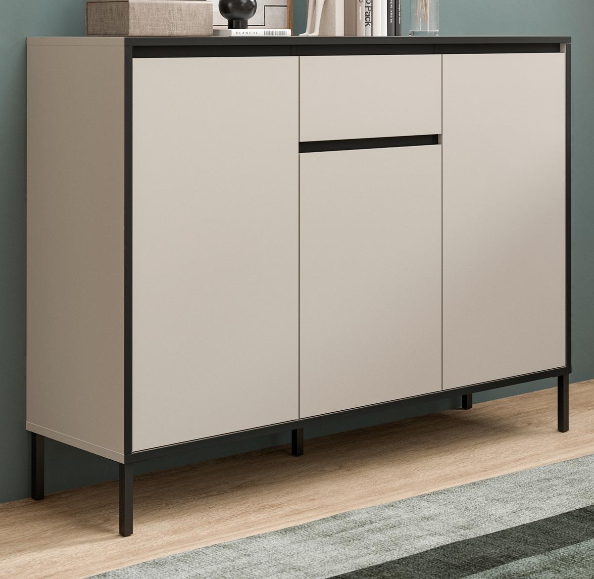 SIDEBOARD Kaschmir / Sand mit Schwarz, hohe Kommode 3-türig 136 x 101 cm, mit viel Stauraum - Sandfarben/Kaschmir, Holzwerkstoff/Metall (136/101/38cm) - Inn.Furn