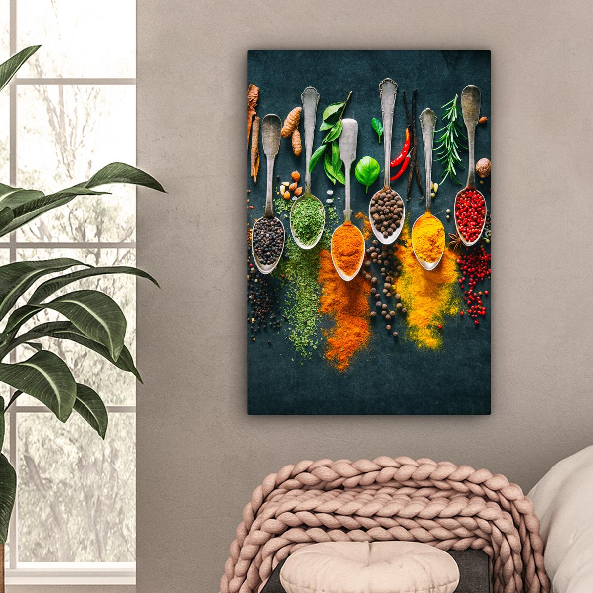 LEINWANDBILD Kräuter - Gewürze - Löffel Wanddeko Schlafzimmer 60x90 cm - Currygelb, Textil (60/90cm) - MuchoWow