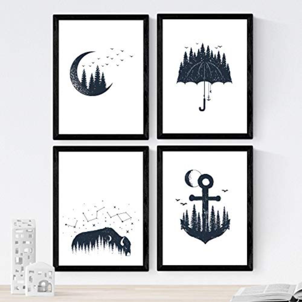 POSTER Set mit 4 Waldvögeln A4 Schwarzer Rahmen - Schwarz, Papier (29.7/3cm) - Nacnic