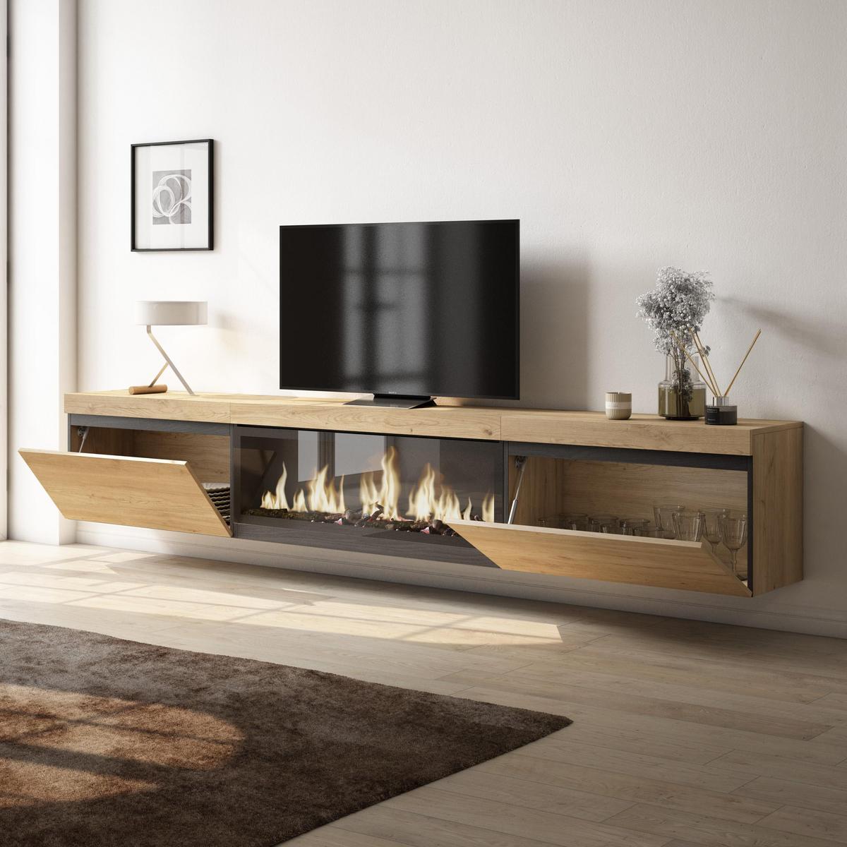 LOWBOARD, mit Elektrokamin XXL, Hängend, Eiche, 267/35/45cm - Eichefarben/Beige, Holzwerkstoff (267/45/35cm) - Skraut Home