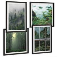 BILDER SET 4er Set - 50x50 cm & 40x60 cm Schwarzer Rahmen - Waldnebel, Fluss, Gewächshauspflanzen - Schwarz, Kunststoff (50/50cm) - TULUP