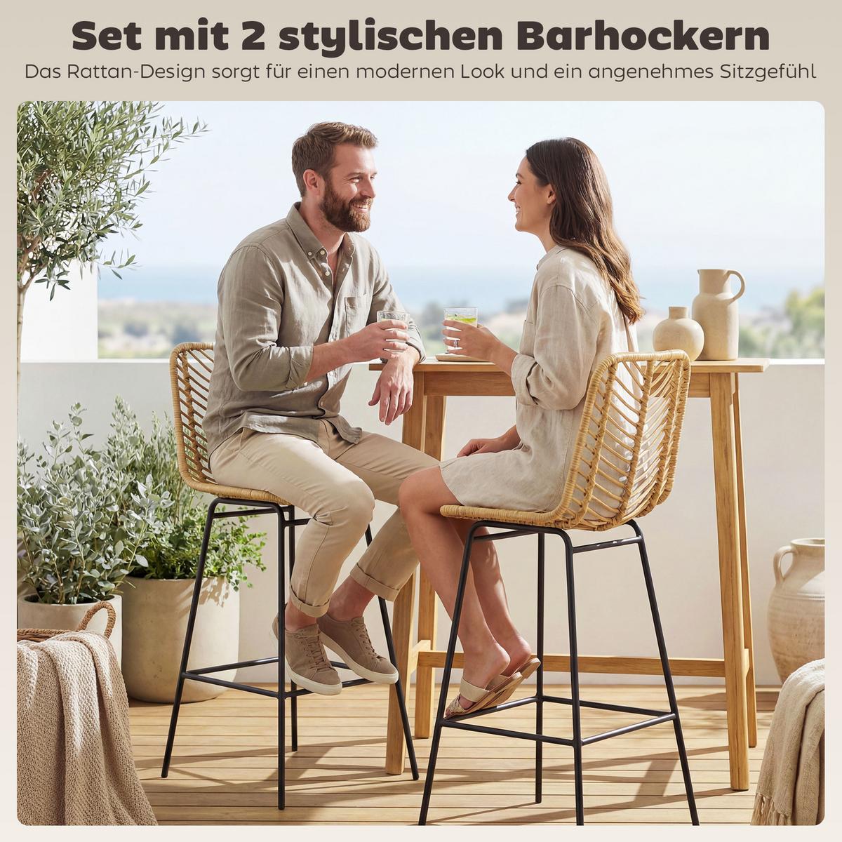 BARHOCKER 2er Set, Barstuhl mit Rattenoptik, Tresenhocker mit Rückenlehne Gelb - Gelb/Schwarz, Kunststoff/Metall (52/102/42.5cm) - HOMCOM