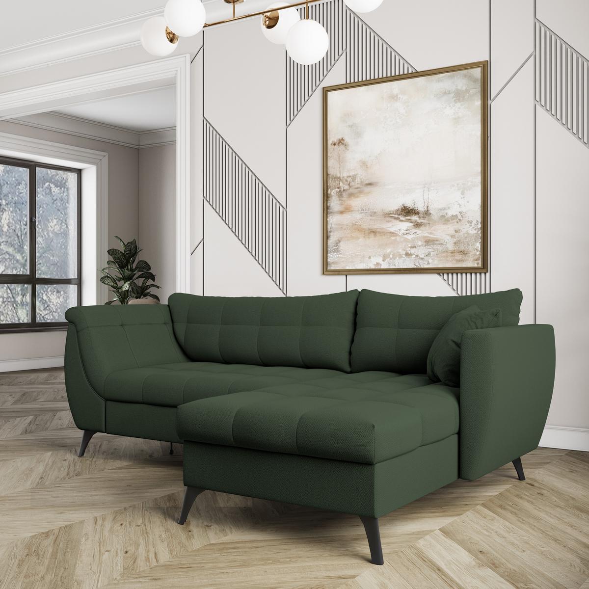 ECKSOFA MOLLIS Grün Geflochtener-Stoff mit Schlaffunktion - Grün, Holz (241/154cm) - MASSENO