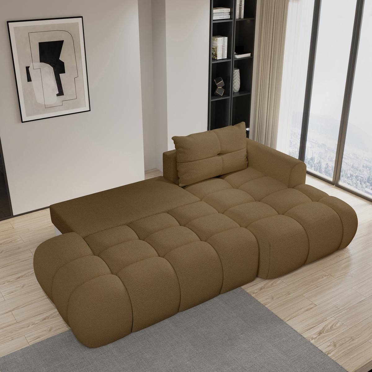 ECKSOFA FLUMA R-S Orange Boucle-Stoff mit Schlaffunktion - Orange, Holz (279/158cm) - MASSENO