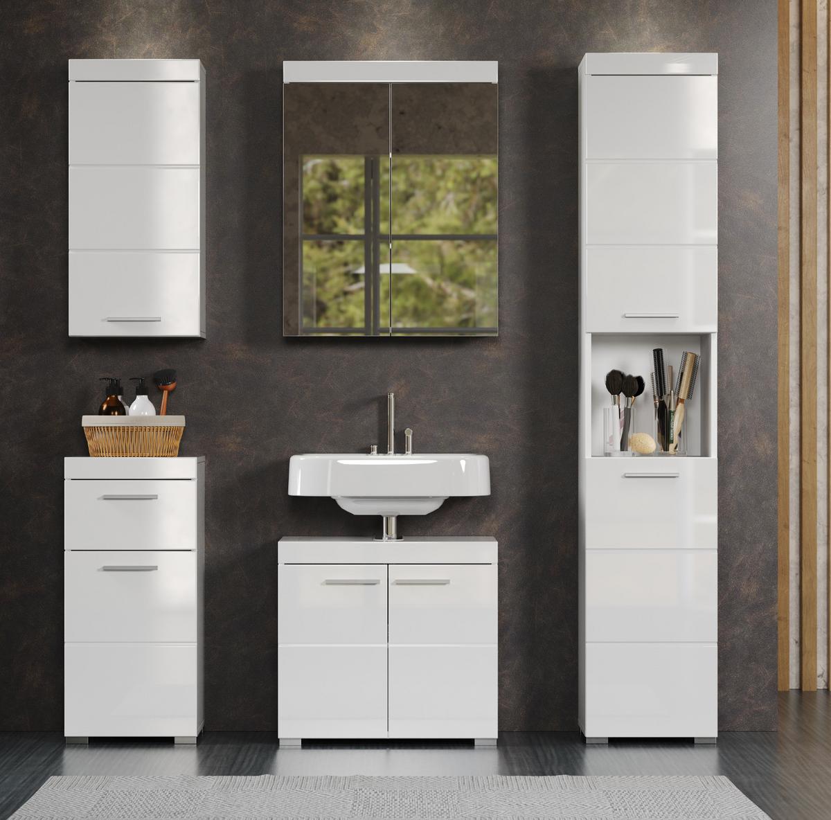 BADMÖBEL-SET weiß Hochglanz 5-teilig 163 x 190 cm, Badkombination in modernem Design - Weiß, Glas/Holzwerkstoff (163/190/34cm) - Top.Furn