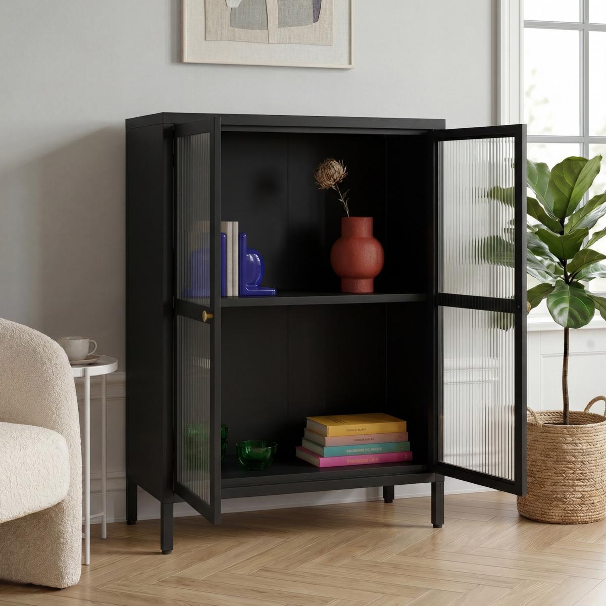 VITRINE Säkylä - Transparent/Schwarz, Glas/Metall (64/84/35cm) - [en.casa]