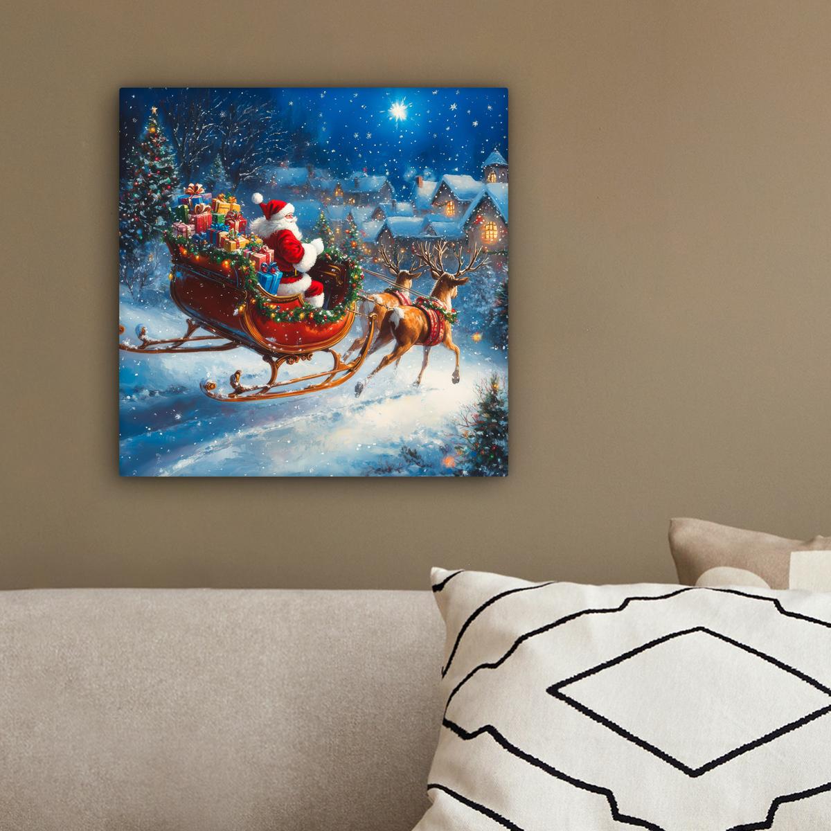 LEINWANDBILD Weihnachtsmann - Rentier - Weihnachten - Schnee Deko Wohnzimmer 20x20 cm - Cognac, Textil (20/20cm) - MuchoWow