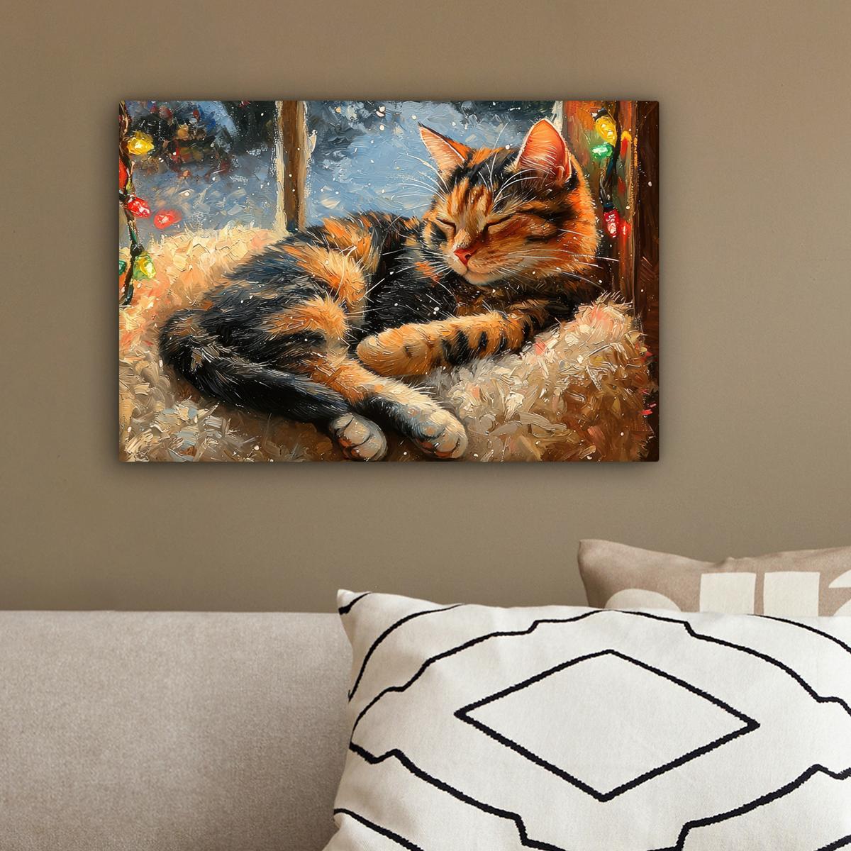 LEINWANDBILD Katze - Weihnachten - Winter - Tier Deko Schlafzimmer 30x20 cm - Bernsteinfarben, Textil (30/20cm) - MuchoWow