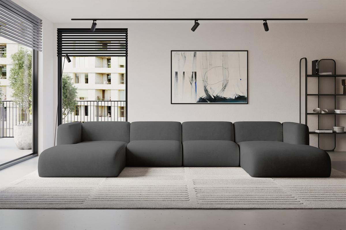WOHNLANDSCHAFT MIRA-U2 408x179x70 Dunkelgrau Velours - Dunkelgrau/Schwarz, Holzwerkstoff/Kunststoff (408/70/179cm) - ALTDECOR