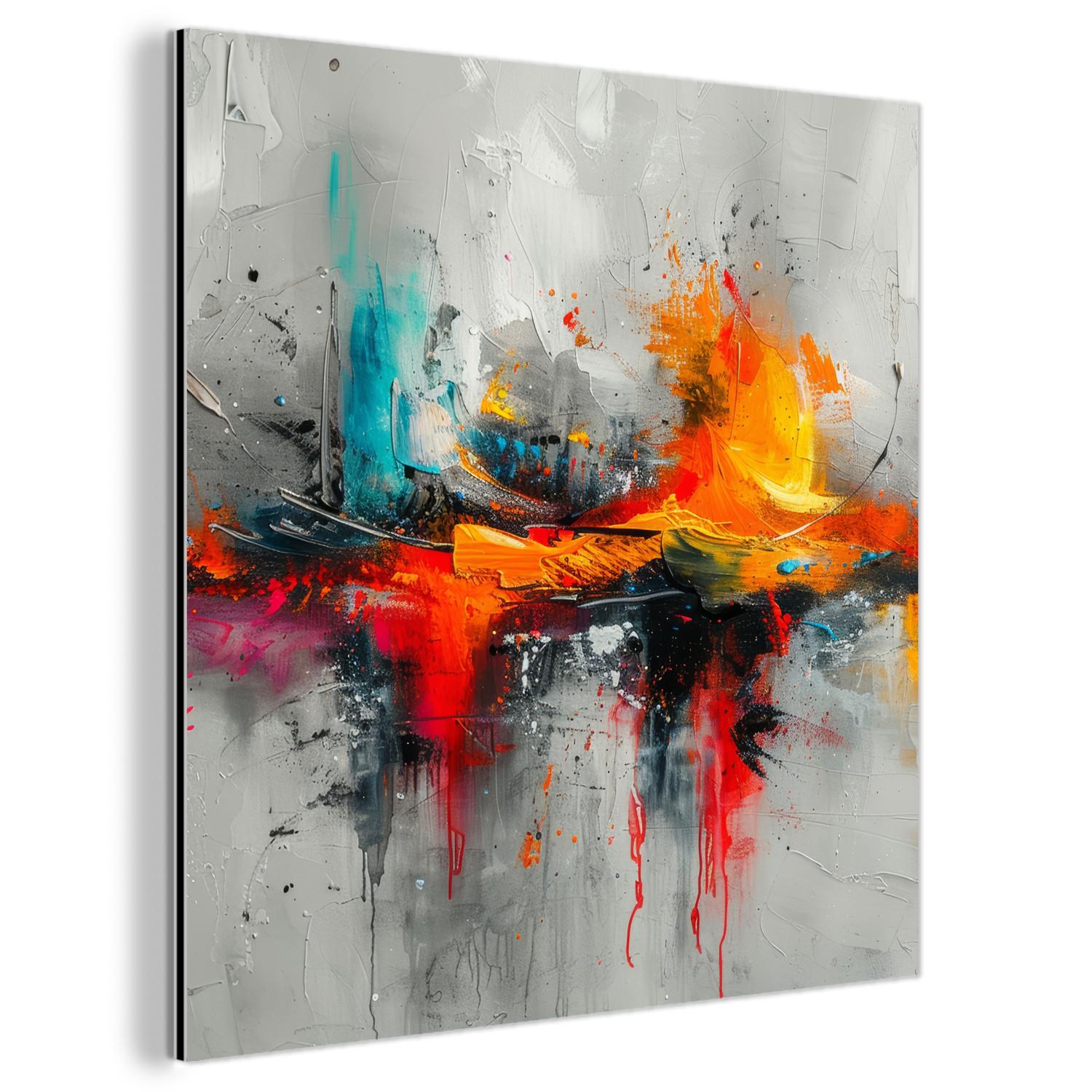 METALLBILD Moderne Kunst - Orange - Grau - Abstrakt 90x90 cm - Hellgrau, Metall (90/90cm) - MuchoWow