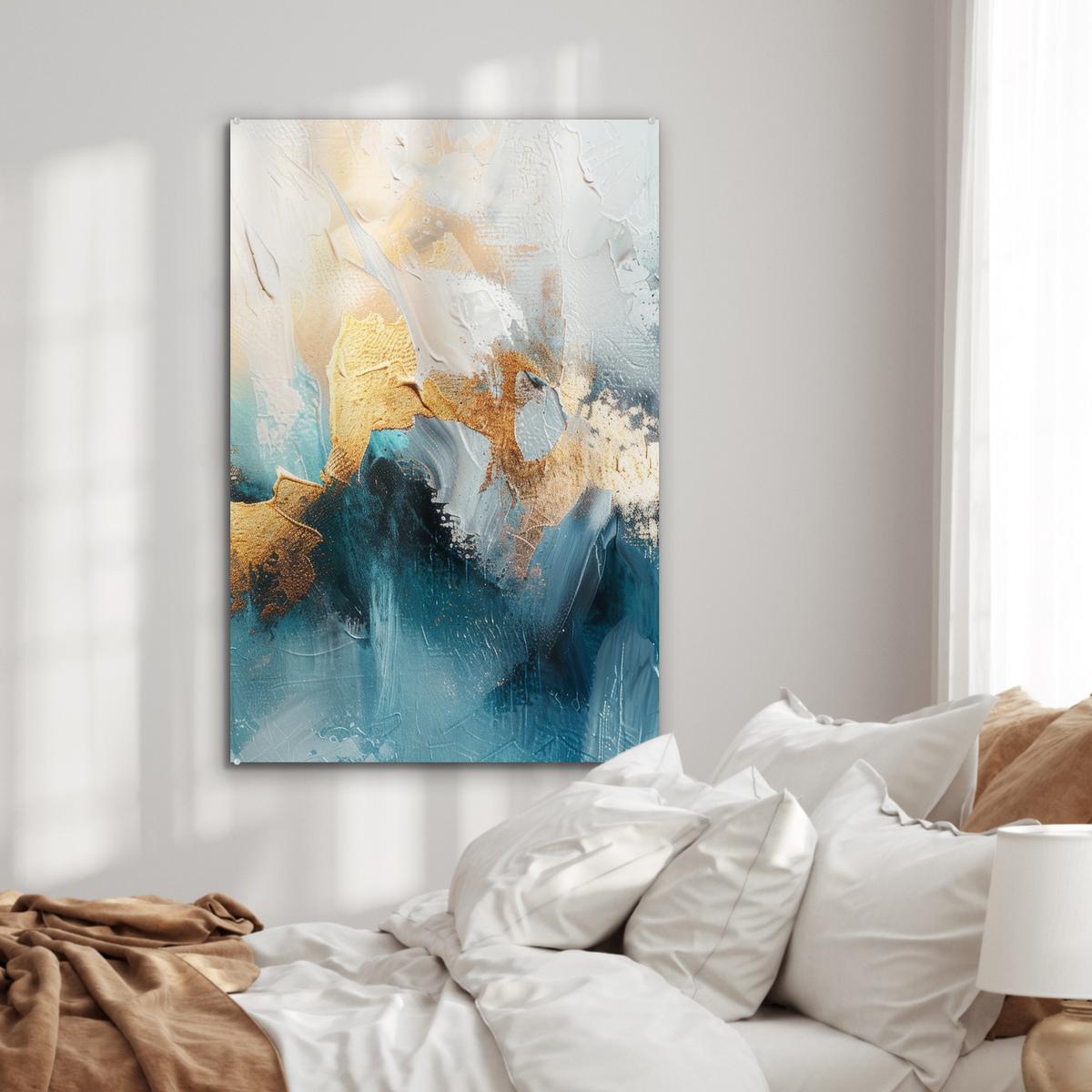 ACRYLGLASBILD Abstrakt - Kunst - Gold - Blau 80x120 cm - Petrol, Glas (80/120cm) - MuchoWow